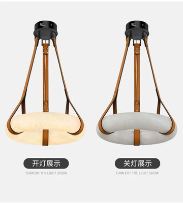Luxury Leather Chandelier Marble Circle Kitchen Living Room Creative Art Alabaster Light Hanging Lamp