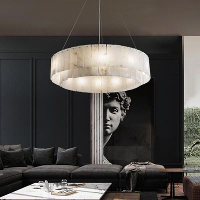 All Copper Light Luxury Natural Marble Creative New Chinese Model Living Room Dining Room Circular Chandelier