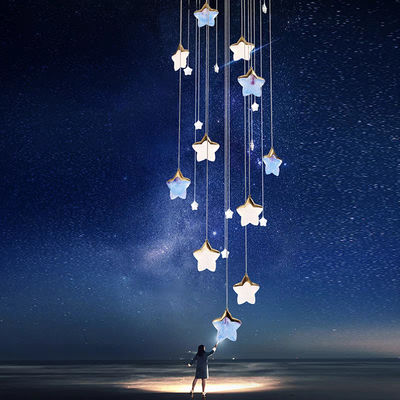 Antique Glass Star Moon Starry Sky Pendant Lamp Bedroom Bedside Lamp Staircase Restaurant Bar Counter Villa Hotel Duplex Floor