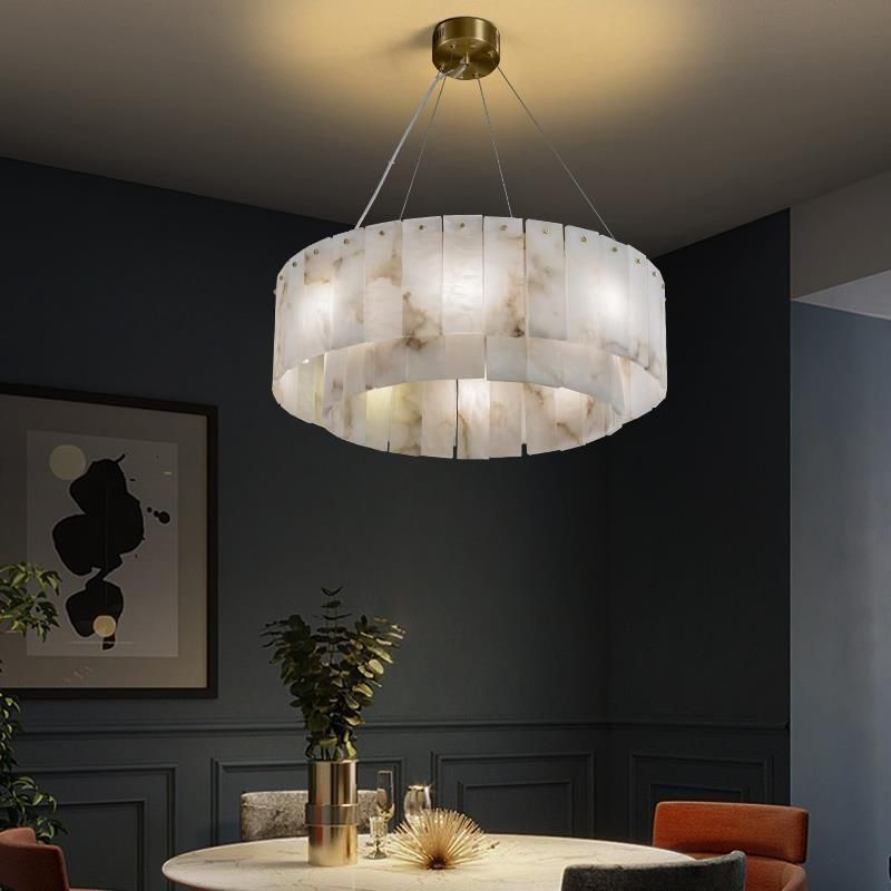 All Copper Light Luxury Natural Marble Creative New Chinese Model Living Room Dining Room Circular Chandelier