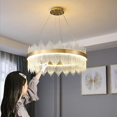 3000K Sampai 6500K Lampu Plafon Mewah Modern Kuningan Emas Lampu Gantung Kristal Berbingkai Ganda