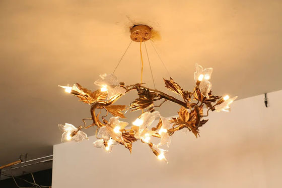 H65 Tembaga Seni Tubuh Kaca Daun Maple Liontin Lampu Chandelier Modern ISO9001