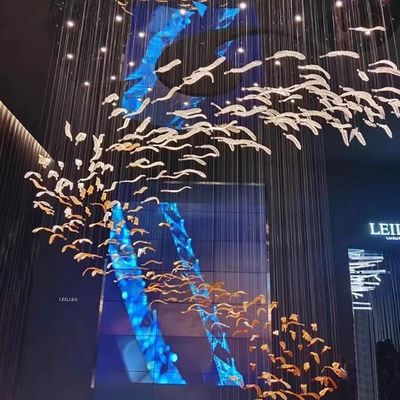 Proyek Custom Hotel Lobby Villa Mall Tangga Gantung Hand Blown Glass Feather Leaf Led Chandelier Pendant Light