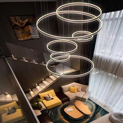 Hotel Villa Tangga Langit-langit Tinggi Gantung Hitam Kopi Emas Lingkaran Bulat Cincin Led Lampu Pendant Lampu
