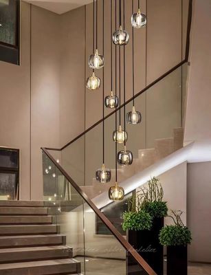 Cokelat Semua Tembaga Tangga Pendant Lampu Akhir Villa Ruang Tamu Lampu dengan Crystal Mewah dan Fungsi Berputar