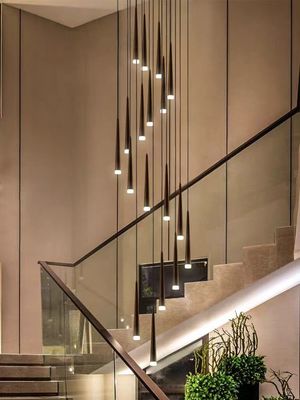 Tangga Rotating Chandelier Conical Hitam LED loteng Apartemen tabung Chandelier panjang Chandelier