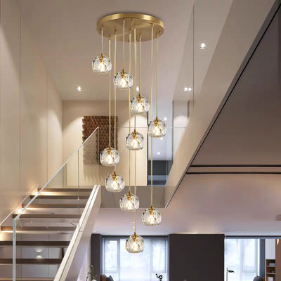 15 KG Crystal Football All Copper Crystal Light Ruang tamu mewah Apartemen Villa Ruang tamu berputar Bangunan Tangga Lampu Pendant Panjang