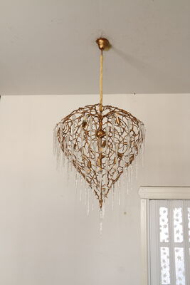 Geometric Art Deco Oversized Crystal Pendant Chandelier Brass Frame Lobby Mewah Pernyataan Lampu